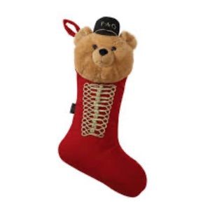 Preowned FAO SCHWARZ Plush Teddy Bear Christmas Soldier Red Velvet Stocking